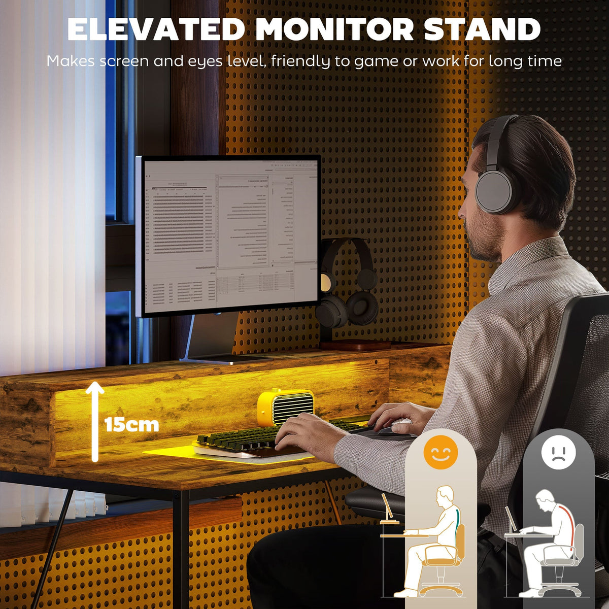 Computer desk with elevated monitor stand and keyboard, supporting 15 cm lift