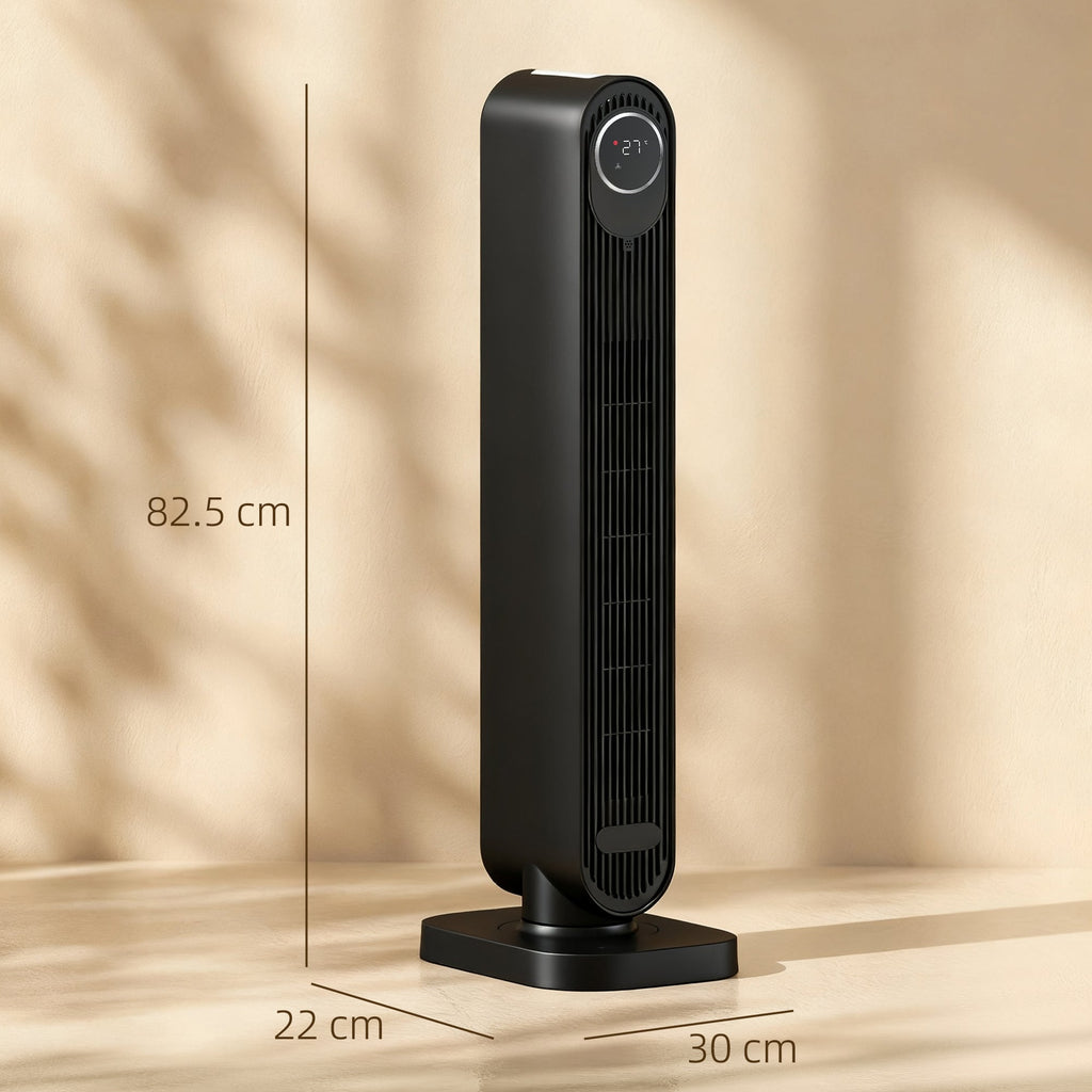 Black tower ceramic heater with fan, digital display on top control panel.