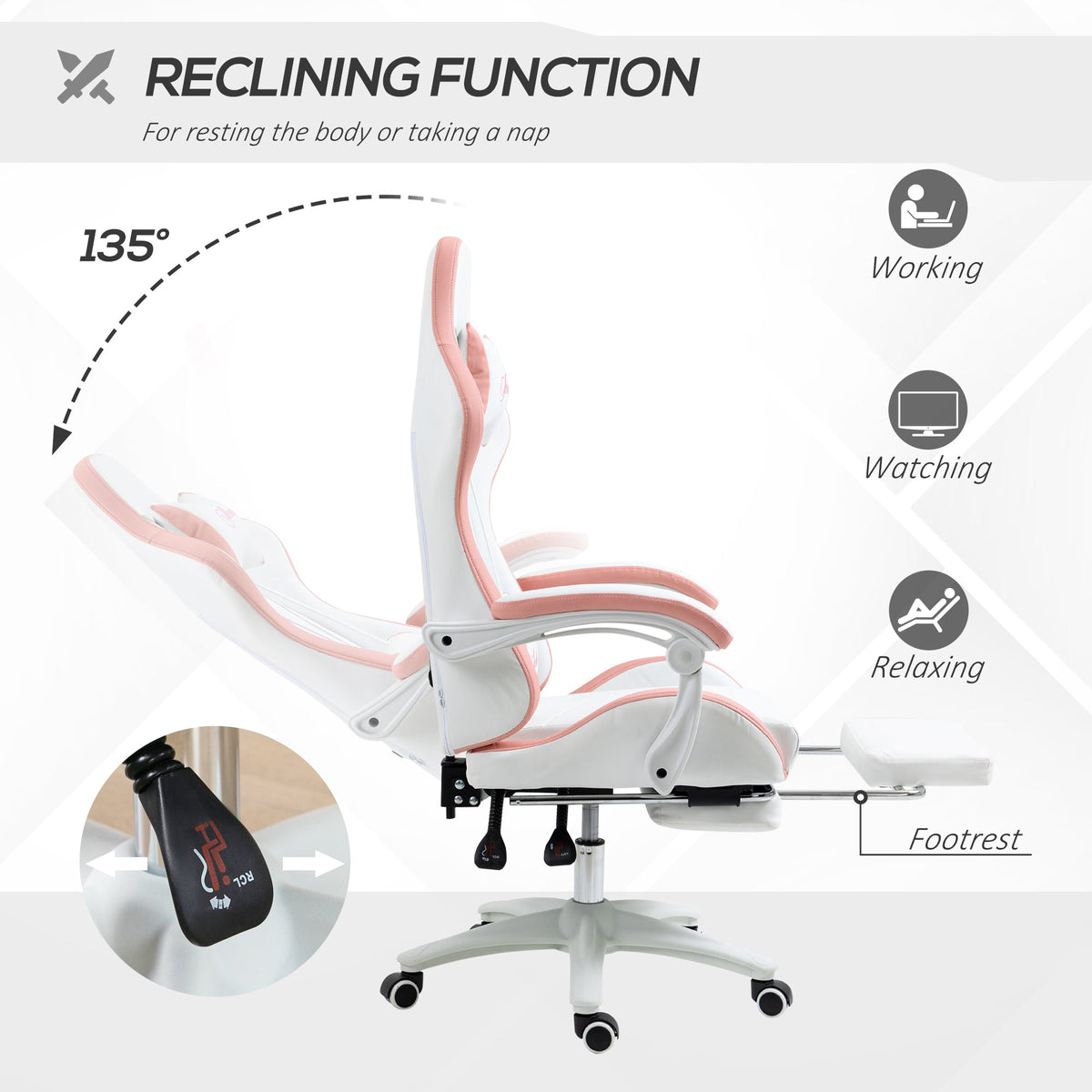 Reclining white and pink gaming chair with footrest, padded armrests, and high back