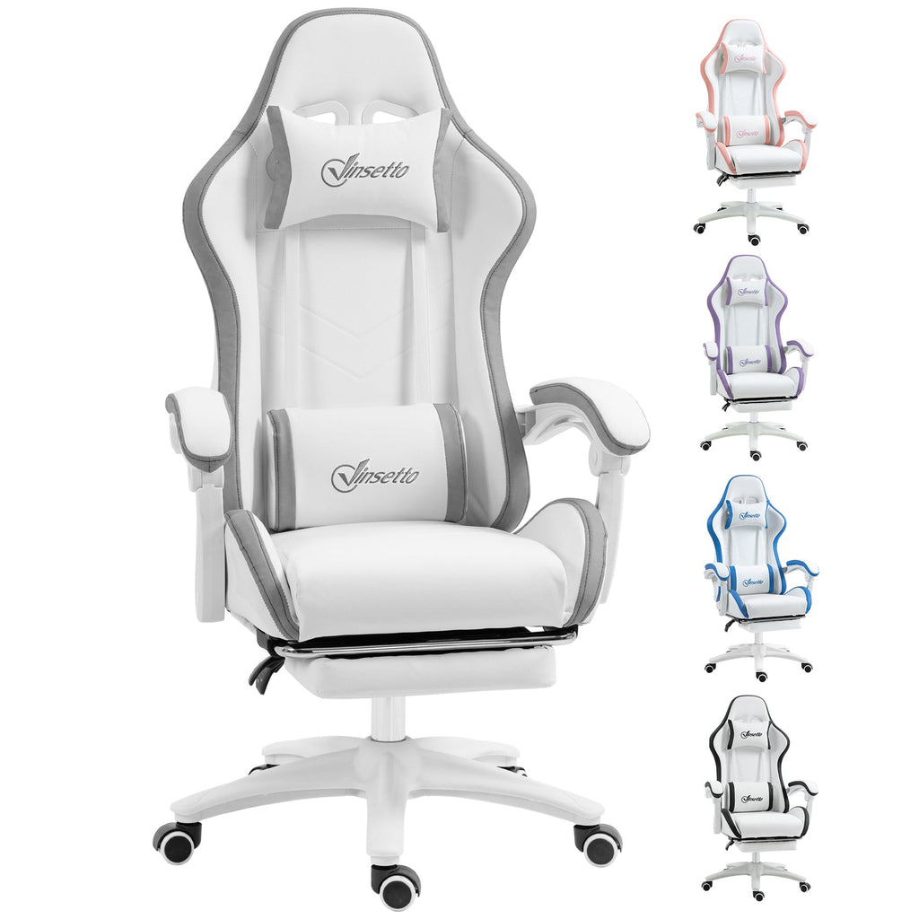 White and grey gaming chair with headrest, lumbar support, and footrest