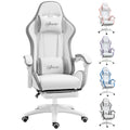 White and grey gaming chair with headrest, lumbar support, and footrest