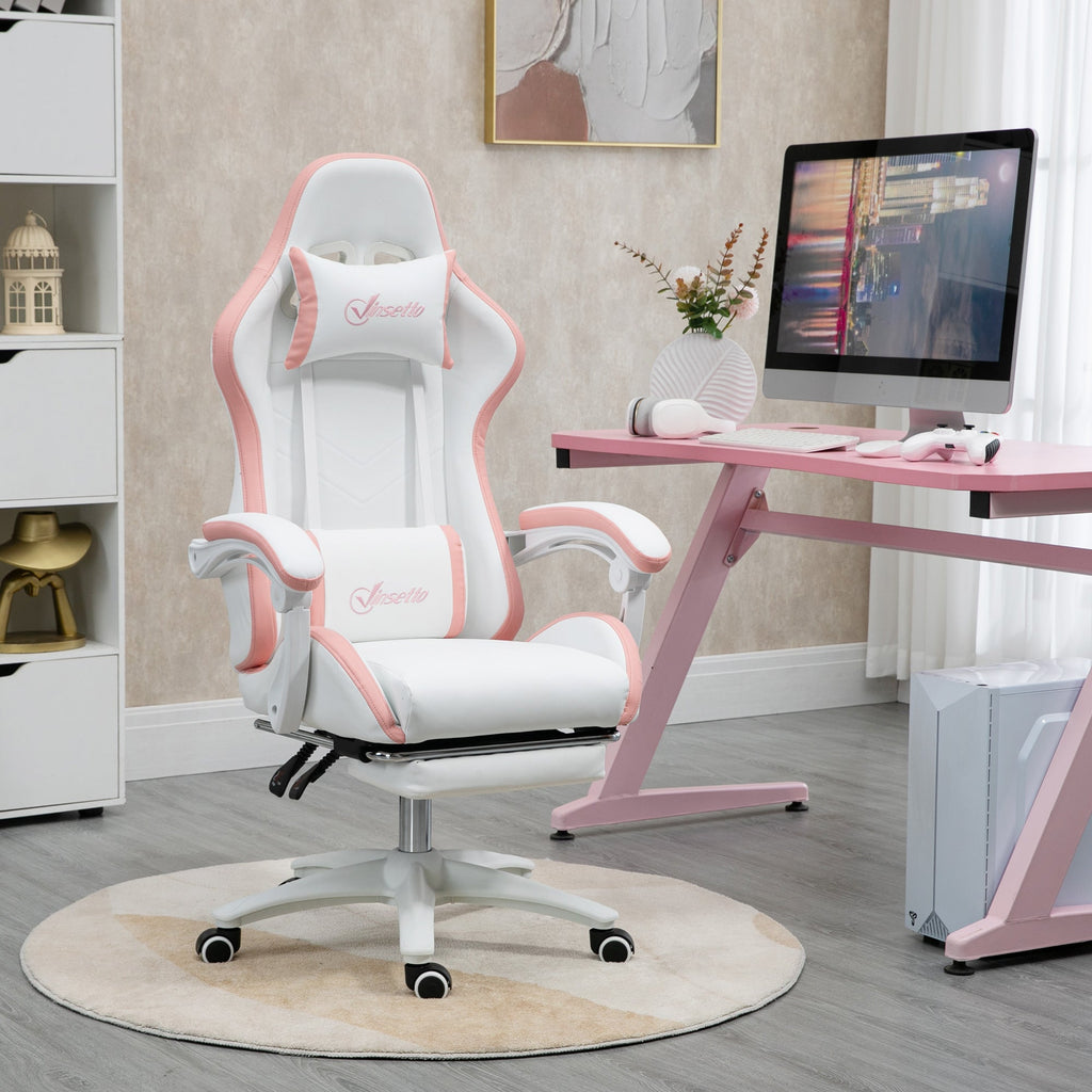 White and pink gaming chair with high back, padded armrests, and swivel base