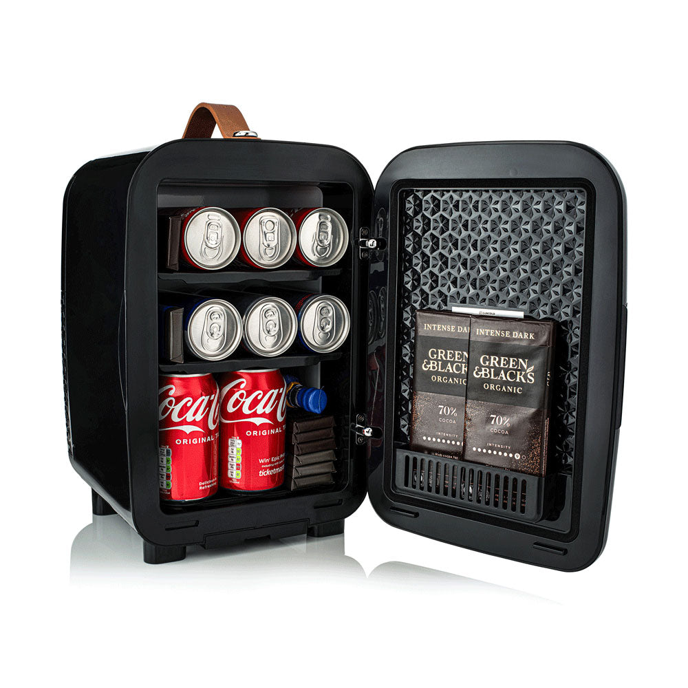 Black mini fridge open, showing shelves with cans and bottles