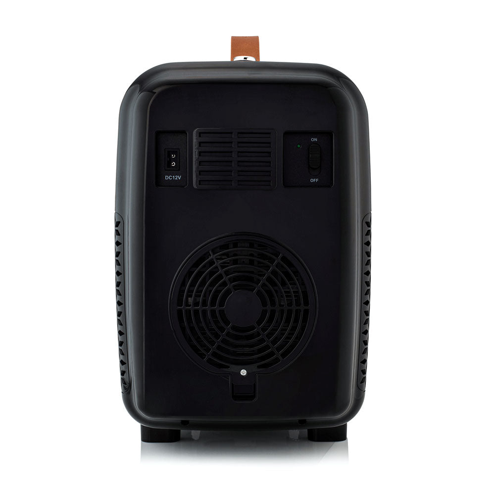 Black mini fridge back panel with vents and power switch
