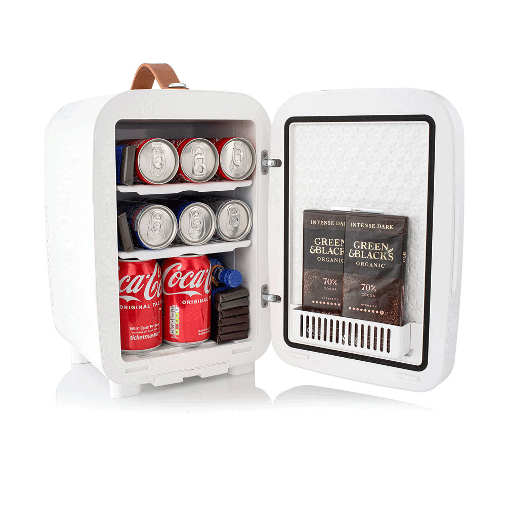 Mini fridge open showing can storage and snack items inside