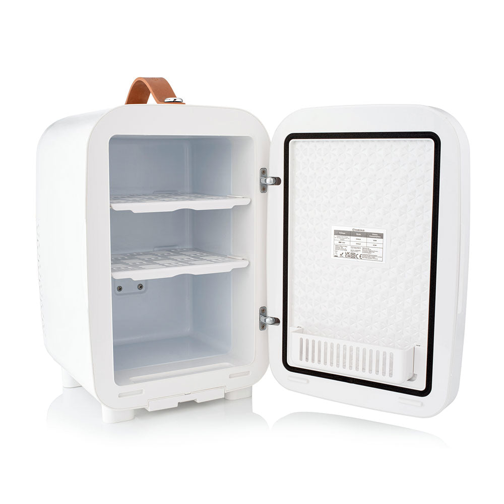 White portable mini fridge with open door, showing empty interior shelves