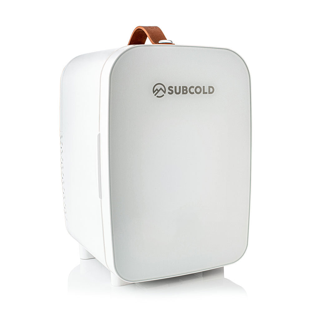 White Subcold mini fridge with top handle and front logo