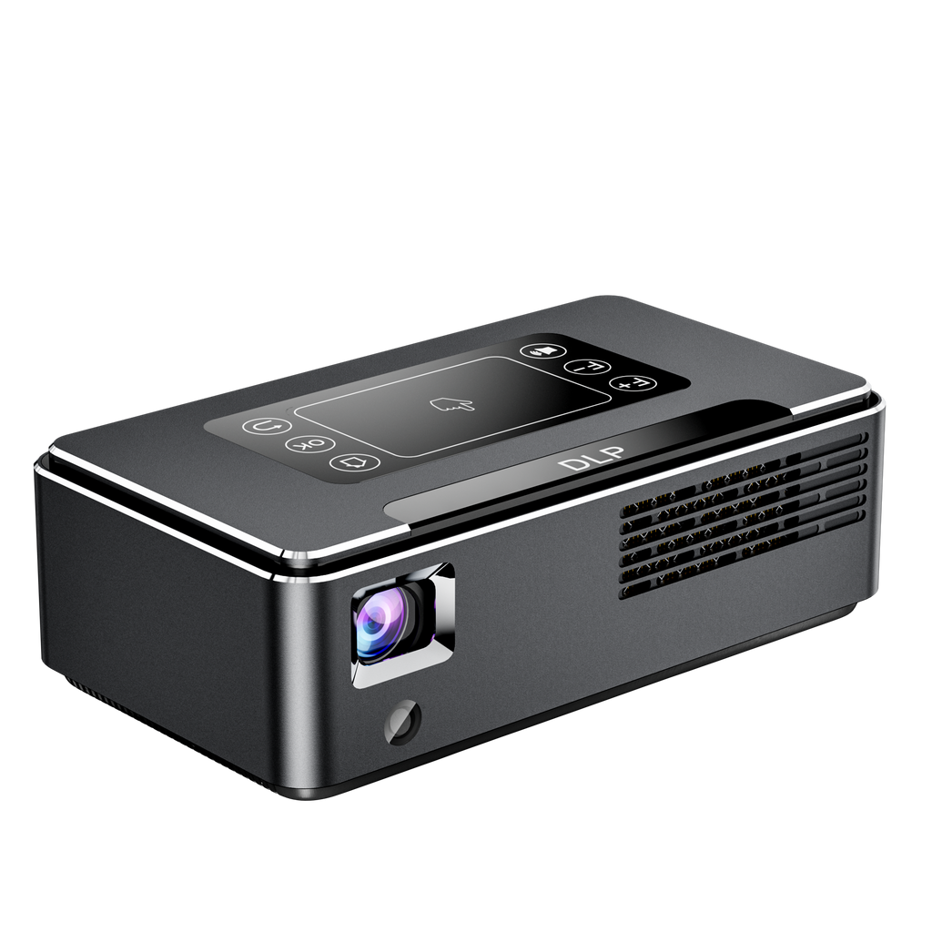 Portable DLP LED projector with top control panel and front lens, dark gray and silver edges