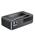 Portable DLP LED projector with top control panel and front lens, dark gray and silver edges