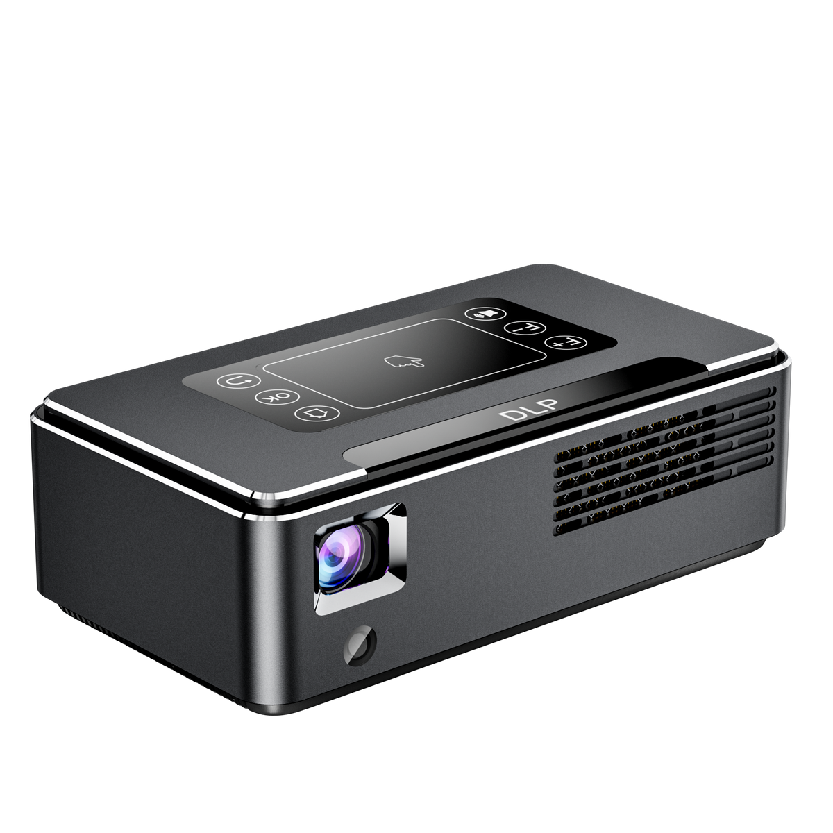 Portable DLP LED projector with top control panel and front lens, dark gray and silver edges