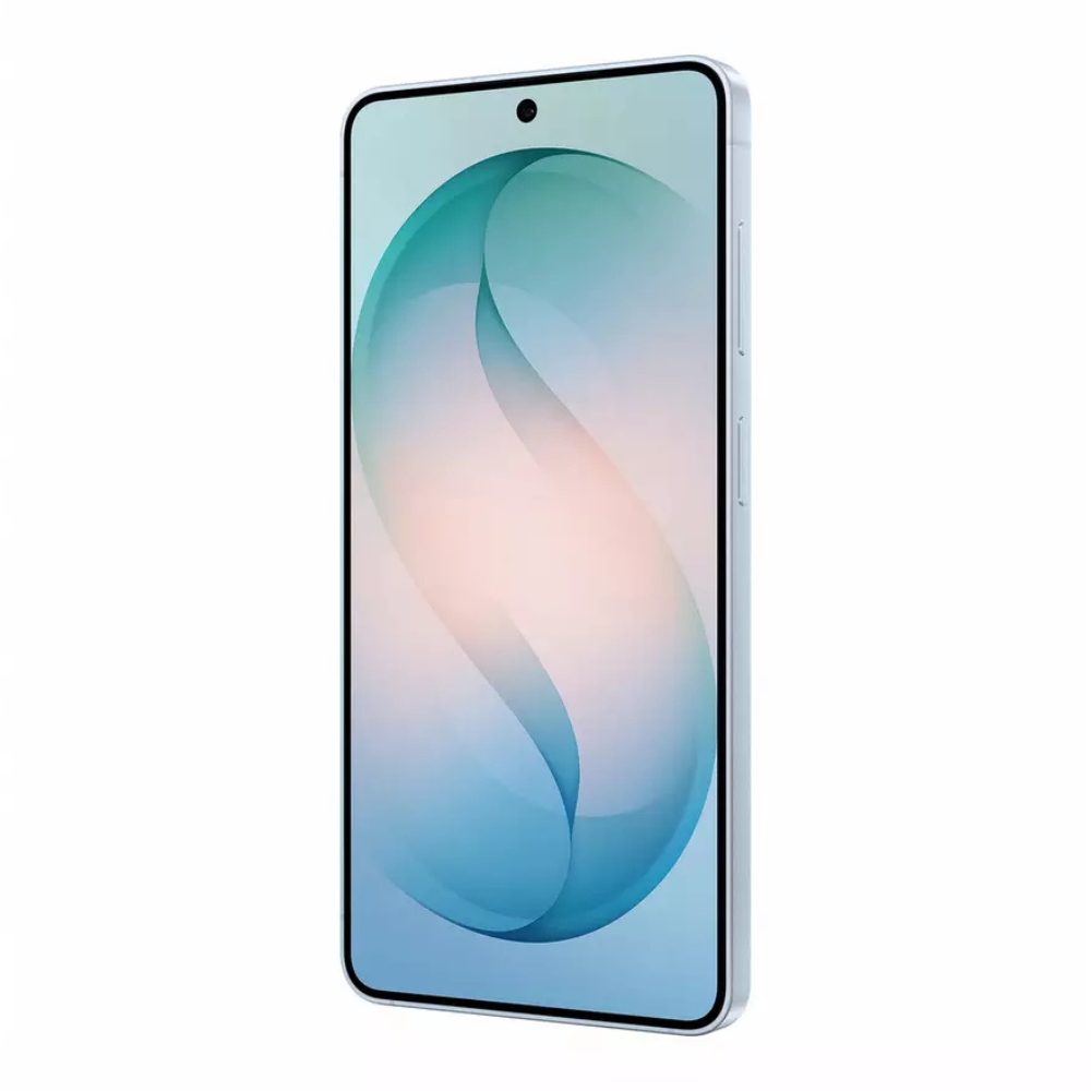 Sky blue Samsung Galaxy phone front view with hole-punch camera