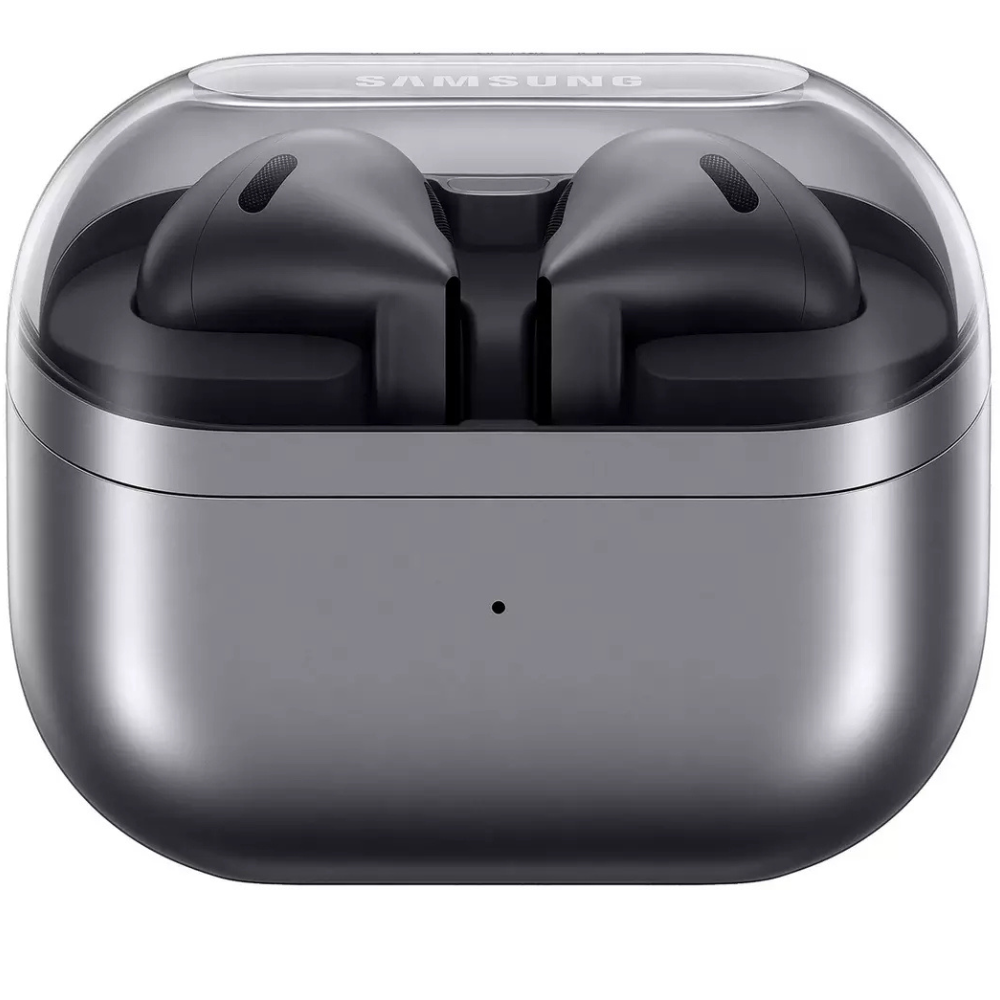 Samsung silver charging case with earbuds inside, front view