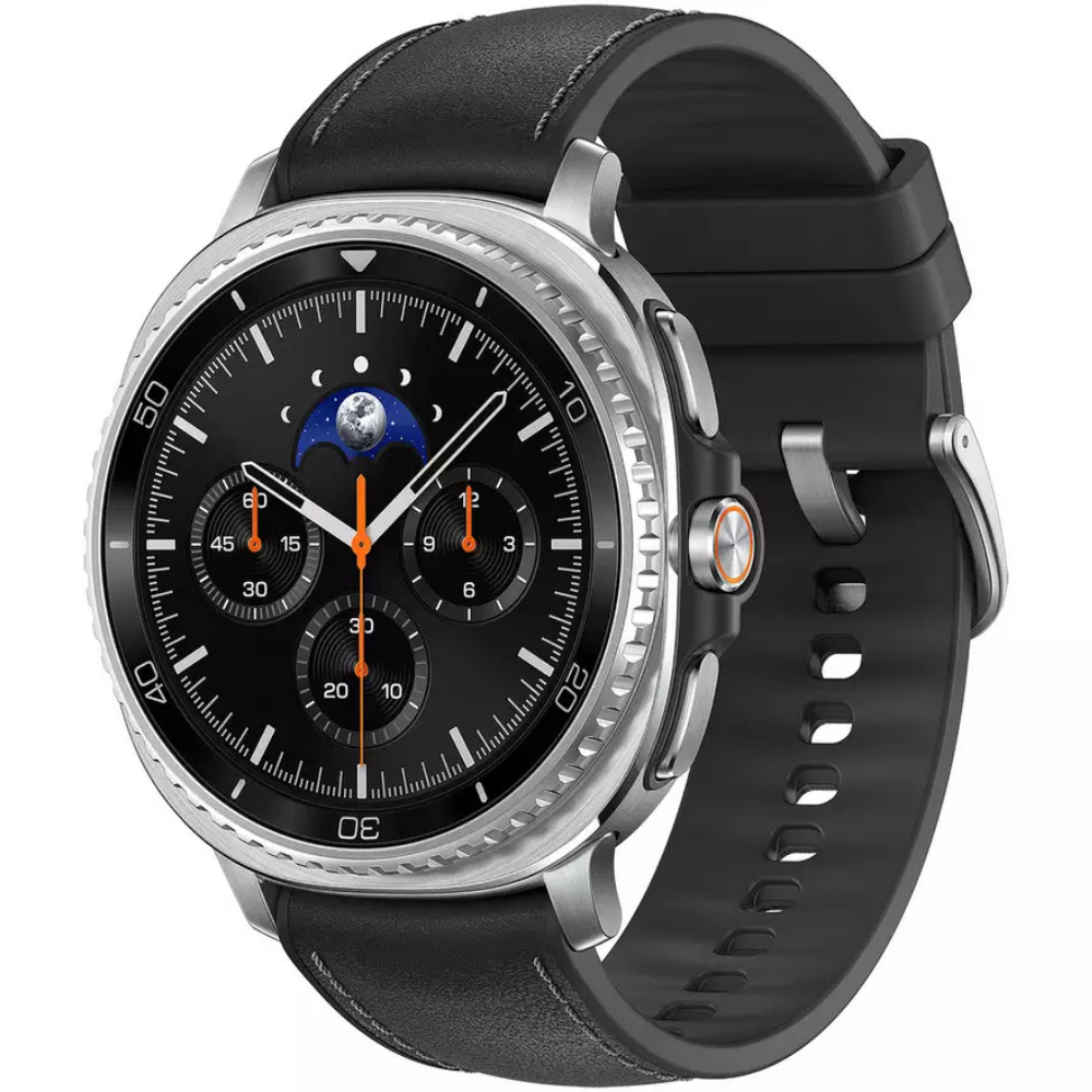 Black silicone strap smartwatch with silver bezel and black chronograph dial, LTE