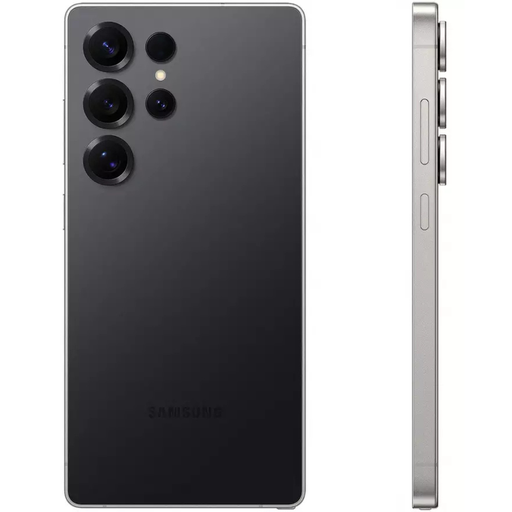 Jet black Samsung Galaxy S25 Ultra back view with slim side profile