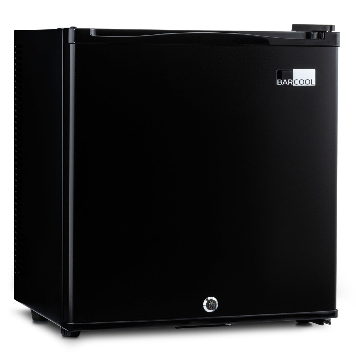 Black mini bar fridge with top lid closed and BARCOOL logo on front