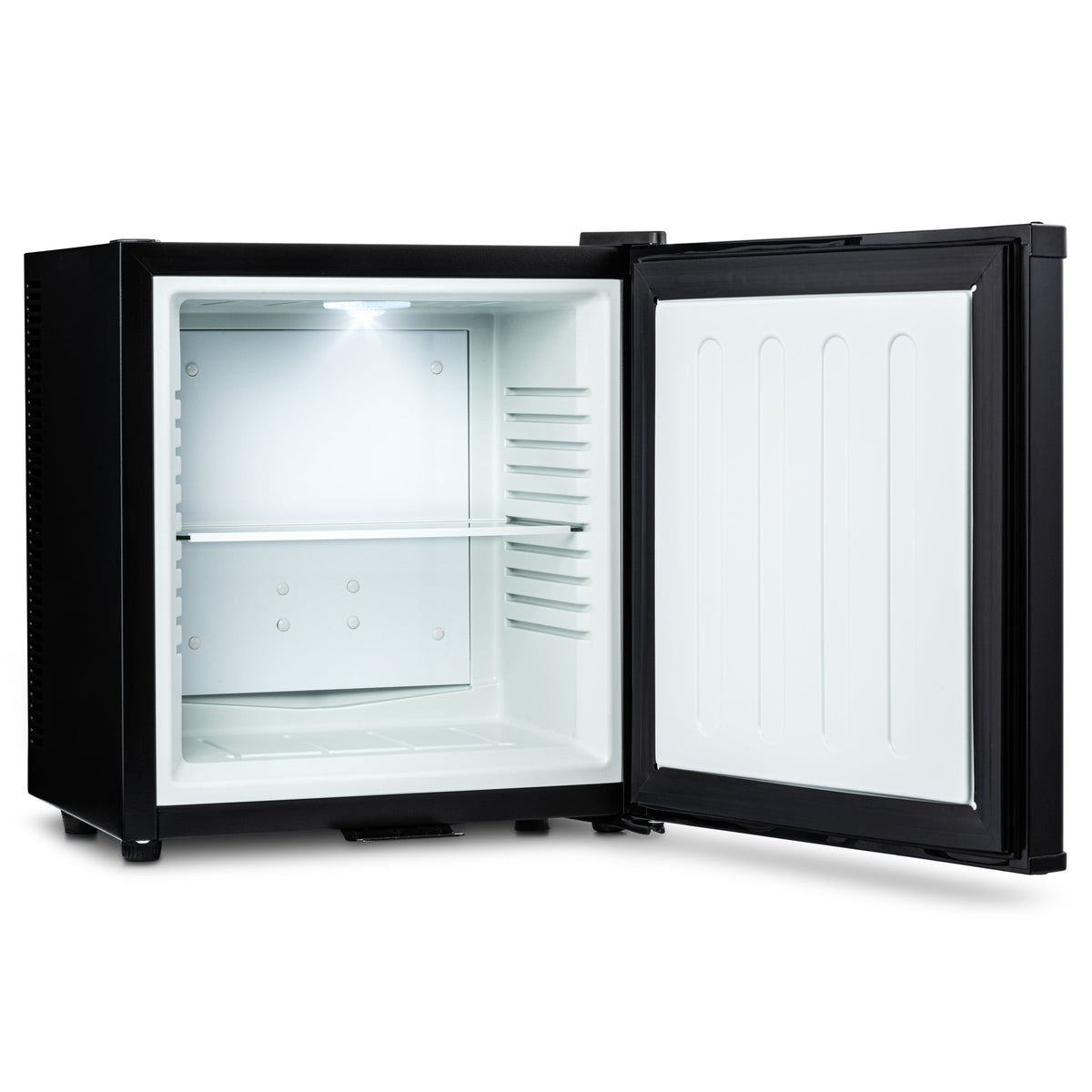 Black mini bar fridge with interior shelves visible and door open