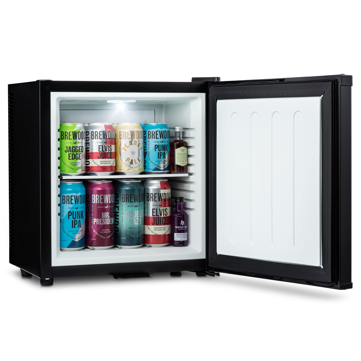 Black mini bar fridge with door open, colorful cans on illuminated shelves