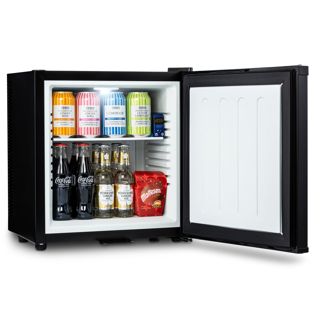 Black mini bar fridge with door open, assorted bottles and cans inside