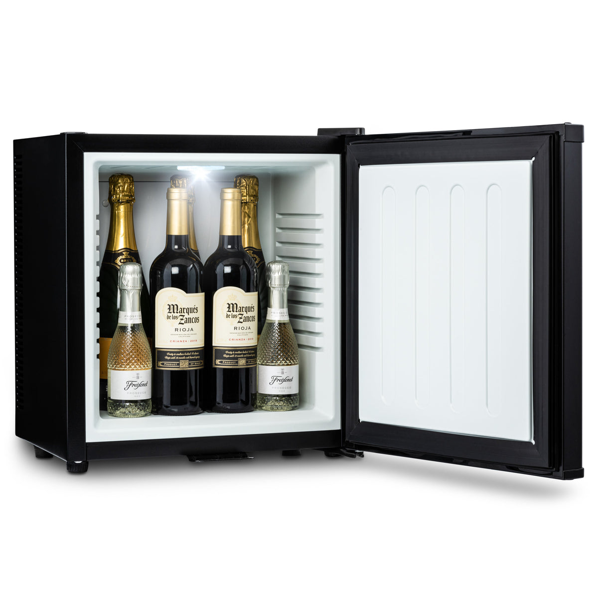 Black mini bar fridge with door open, champagne bottles on lit shelves
