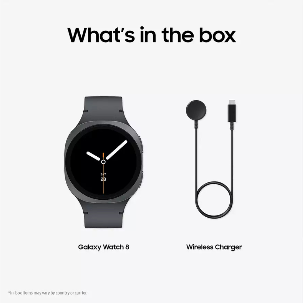 Graphite smartwatch with black face, plus wireless charger and charging cable.