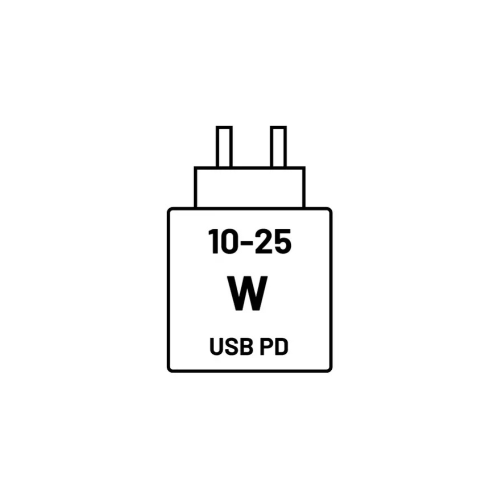 USB PD charger rating icon, 10-25W with two plug prongs