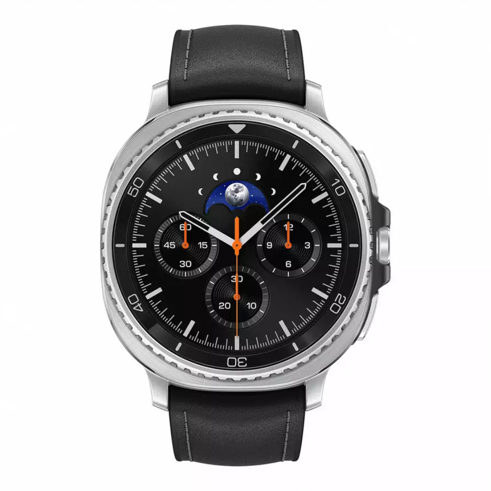 Black silicone strap smartwatch with silver rotating bezel and black chronograph-style dial