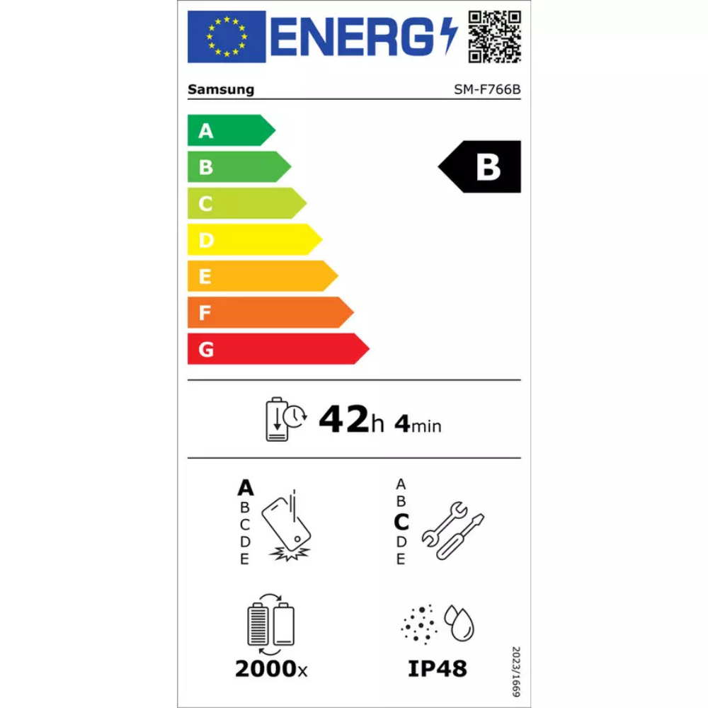 Samsung SM-F766B energy label with QR code and rating B