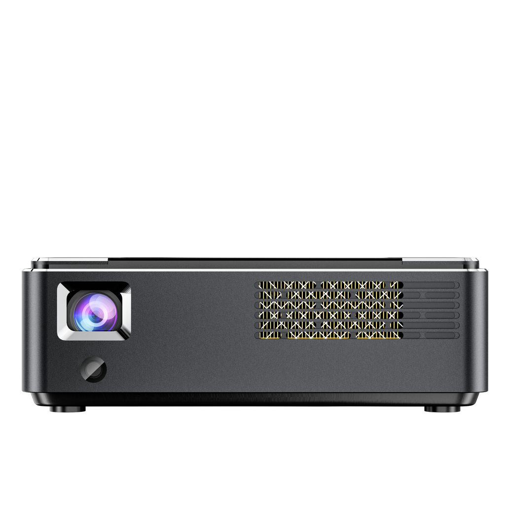 Portable DLP LED projector front grille and lens on dark gray body with silver trim