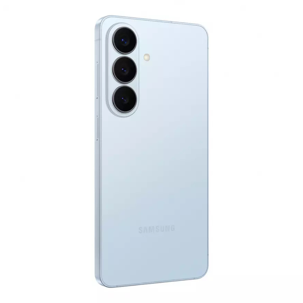 Light blue Samsung Galaxy phone back with triple rear camera array