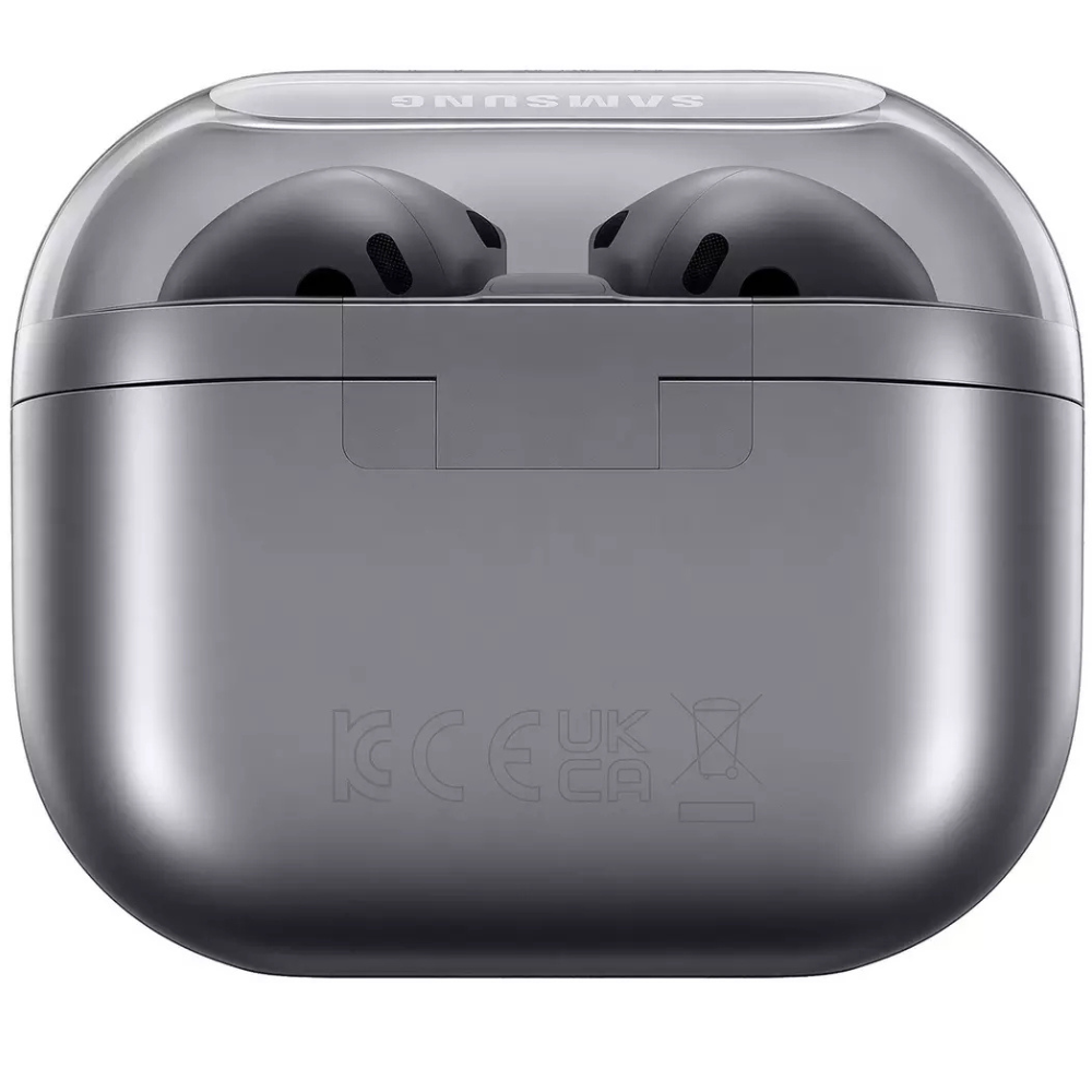 Silver wireless earbuds in closed charging case with earbud tips visible
