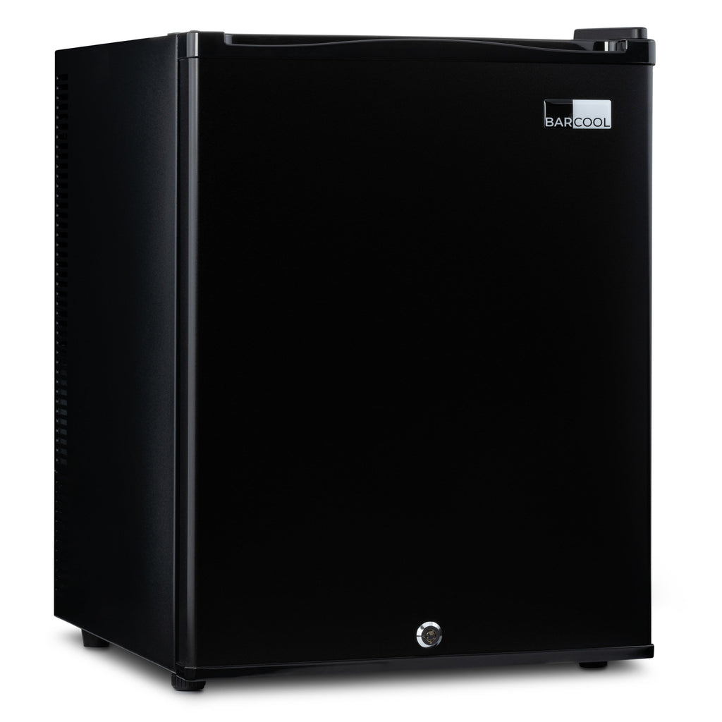 Black mini bar fridge with front door and small round control knob