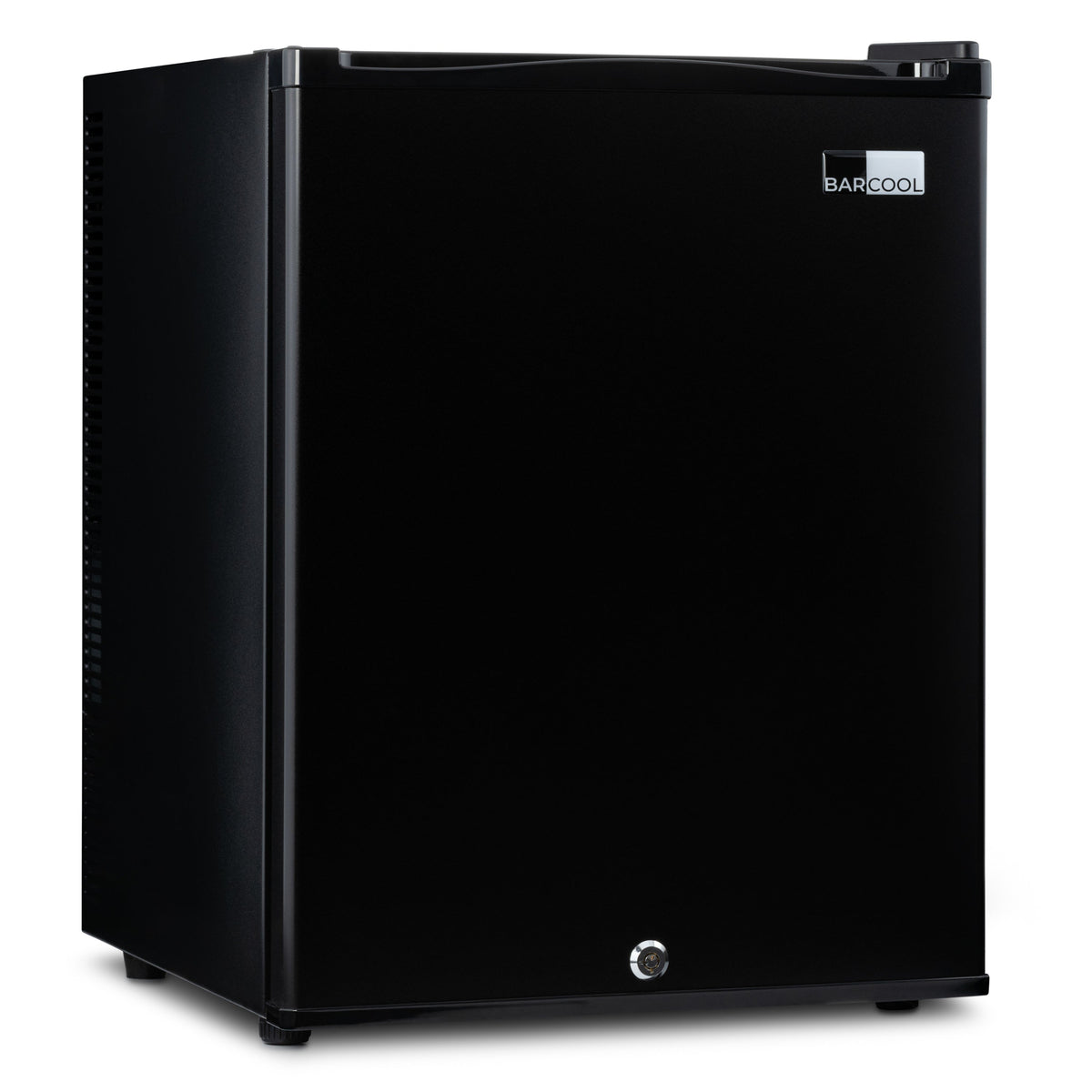 Black mini bar fridge with front door and small round control knob