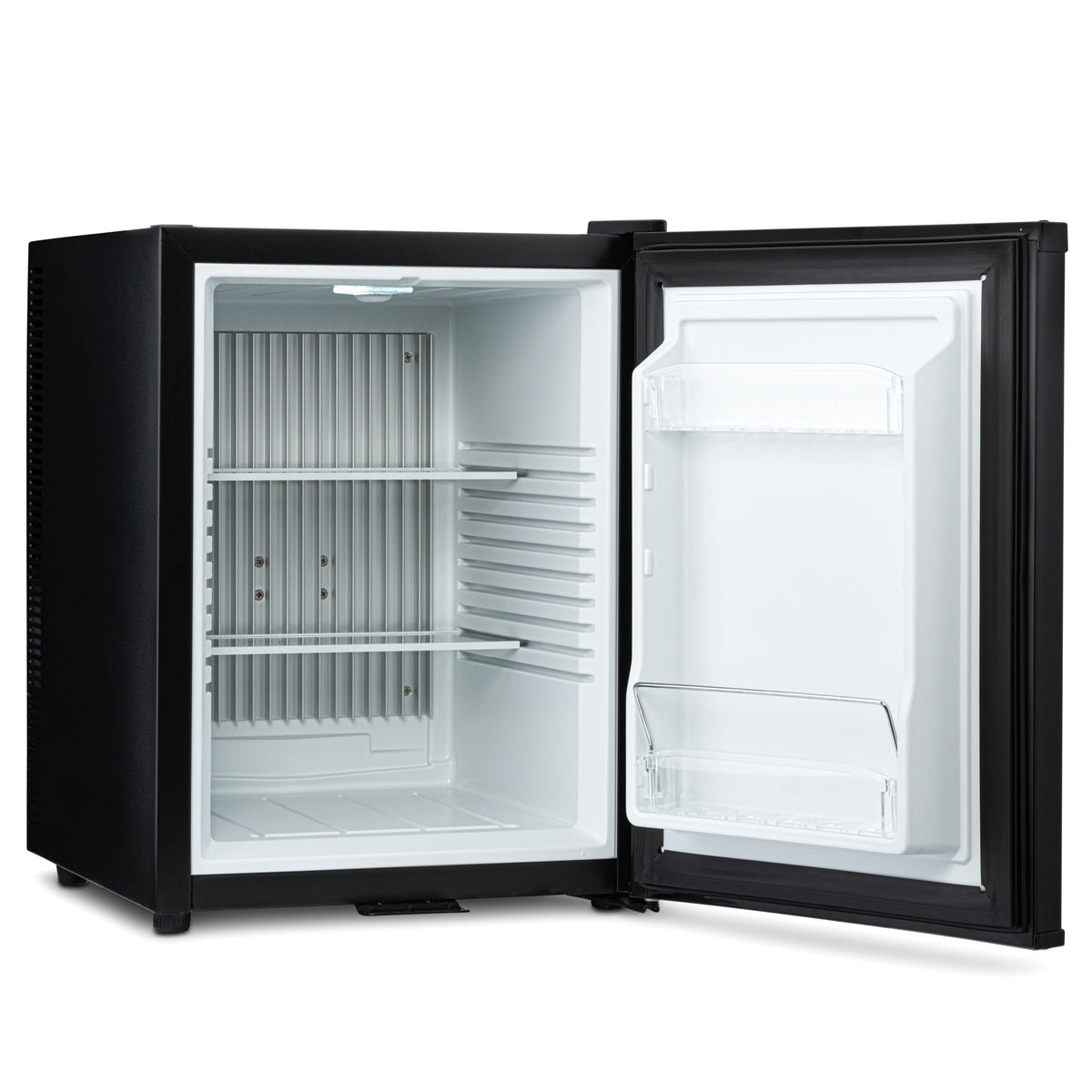 Mini bar fridge open with empty interior racks and white door bin