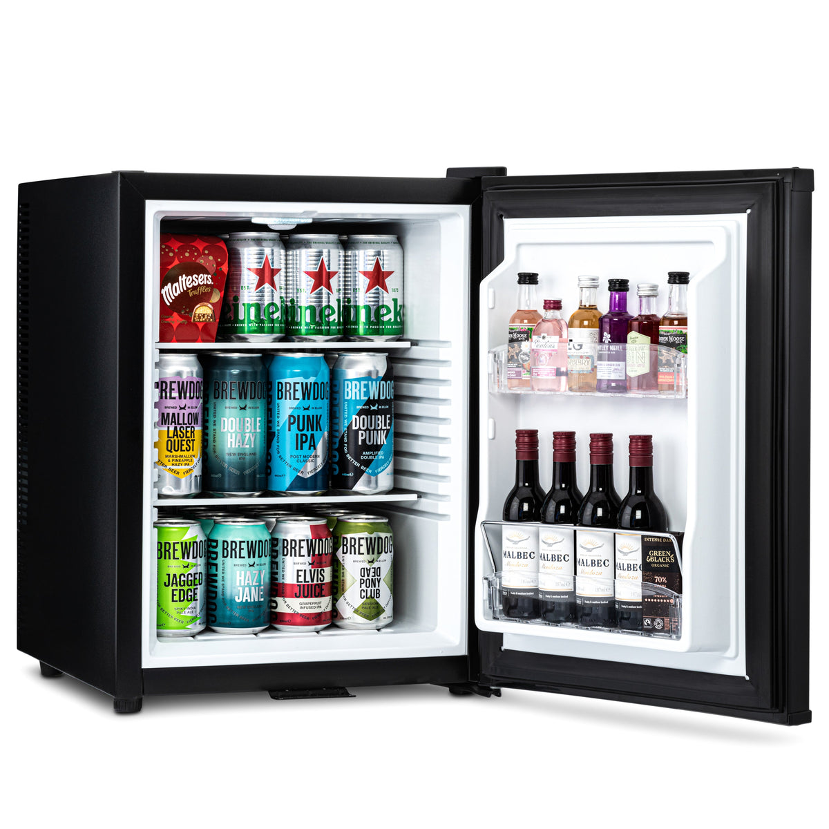 Mini bar fridge open with bottles and cans on door and interior shelves
