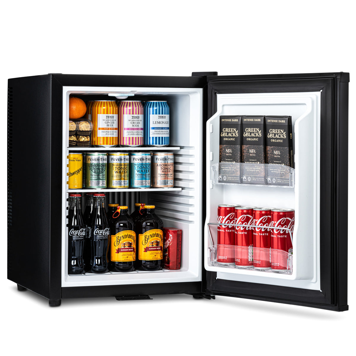 Mini bar fridge open with LED-lit drinks inside and on door rack