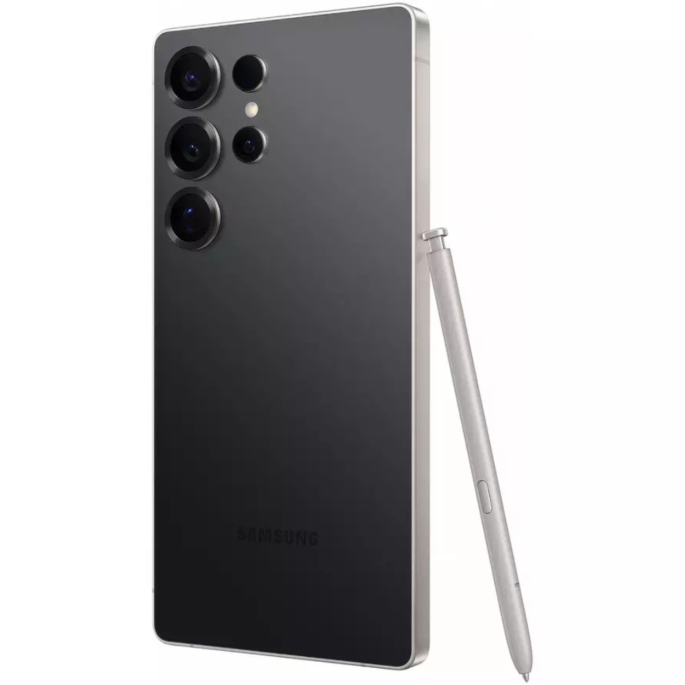 Jet black Samsung Galaxy S25 Ultra back view with camera lenses and S Pen