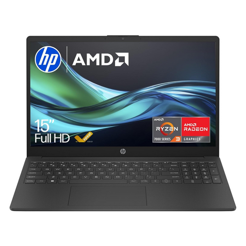 Black 15.6-inch HP laptop with full-size keyboard and screen