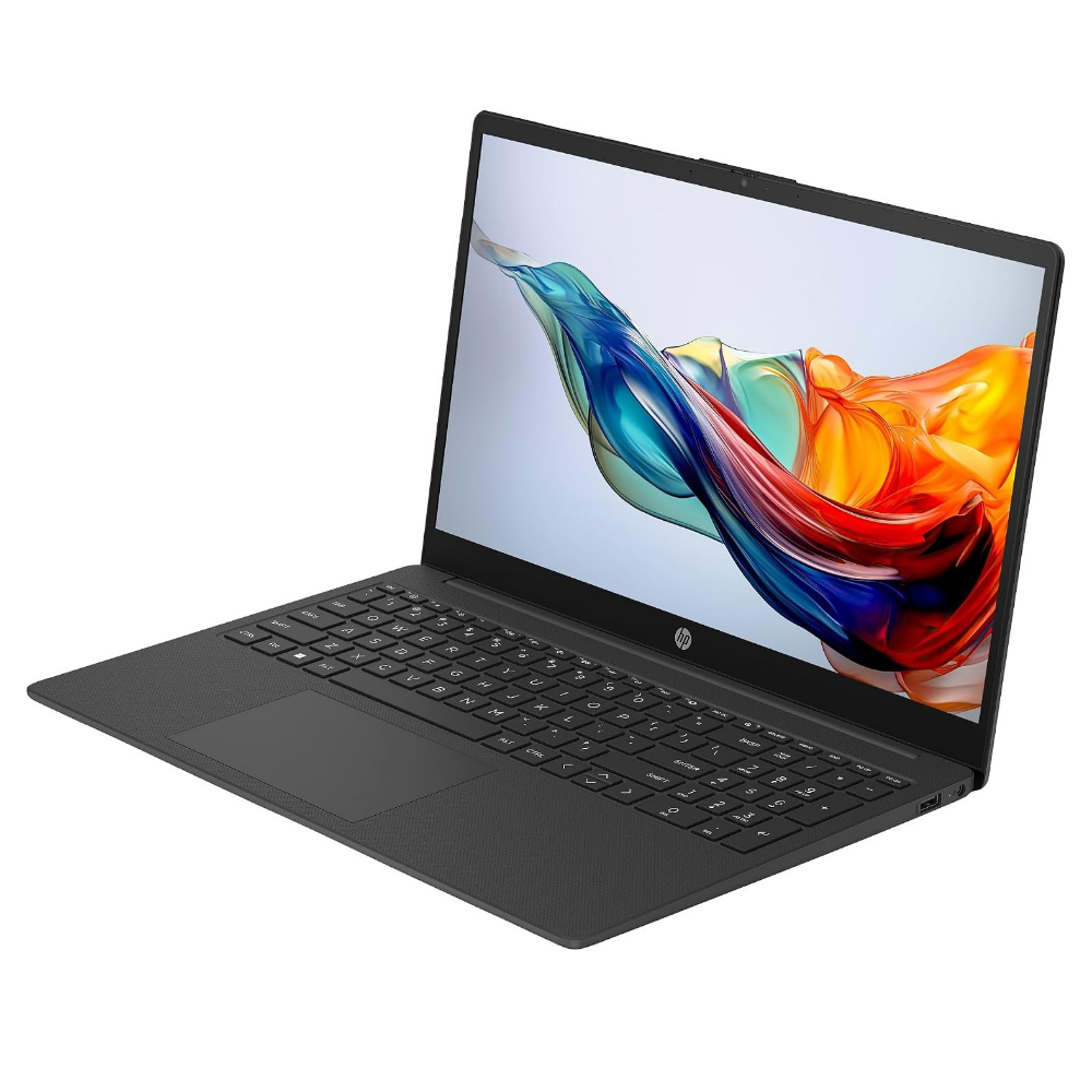 Black 15.6-inch laptop computer with colorful display and trackpad