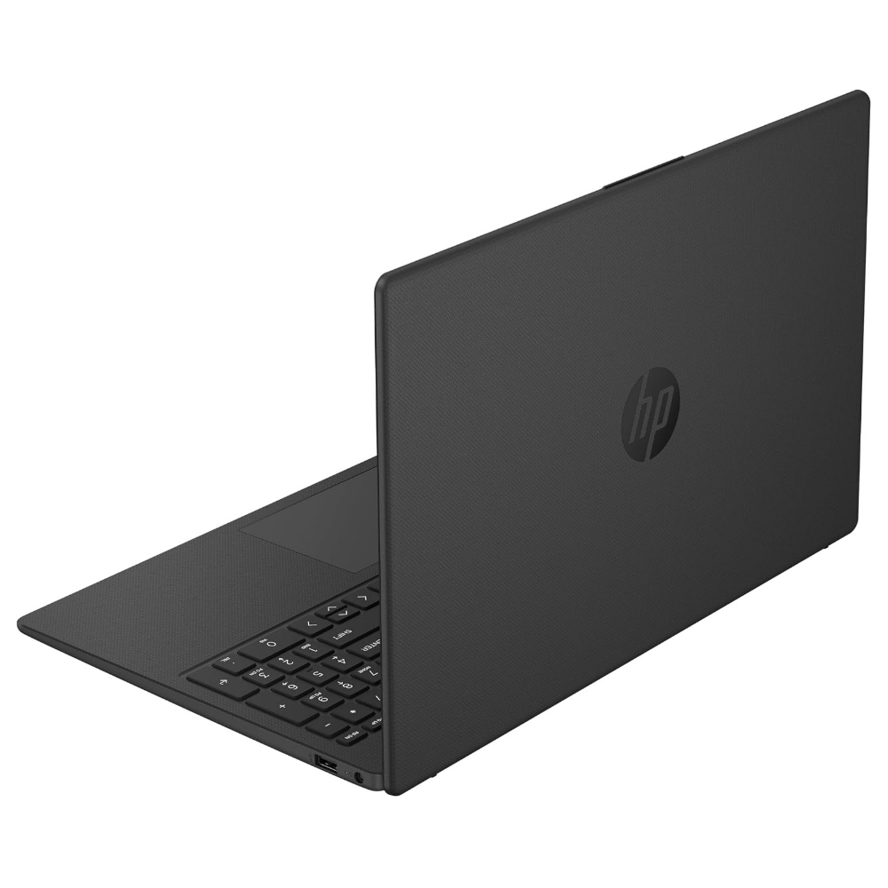 Black HP laptop back view with hinge and side keyboard