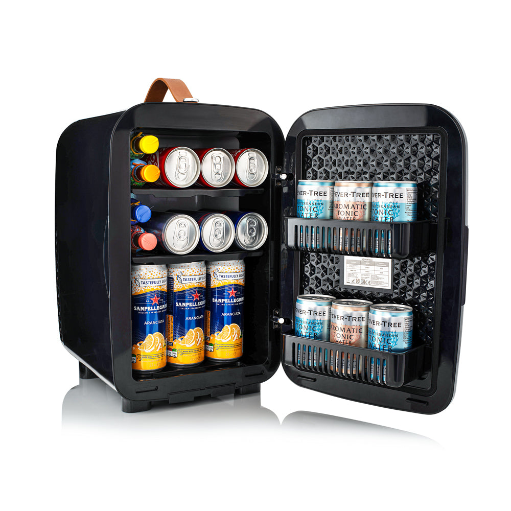 Black mini fridge with open door, showing drinks cans and bottle storage