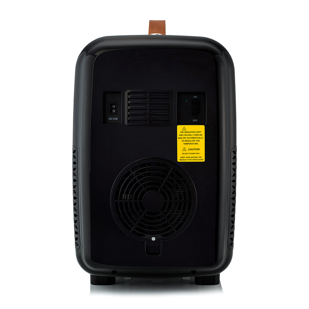 Back view of black mini fridge with vents and power input panel