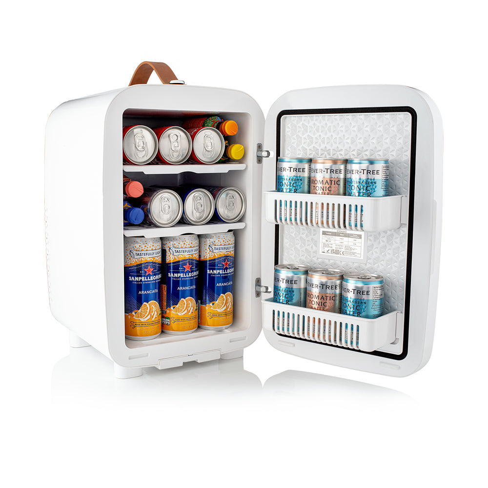 Mini fridge open door with front storage door bins and can drink layout