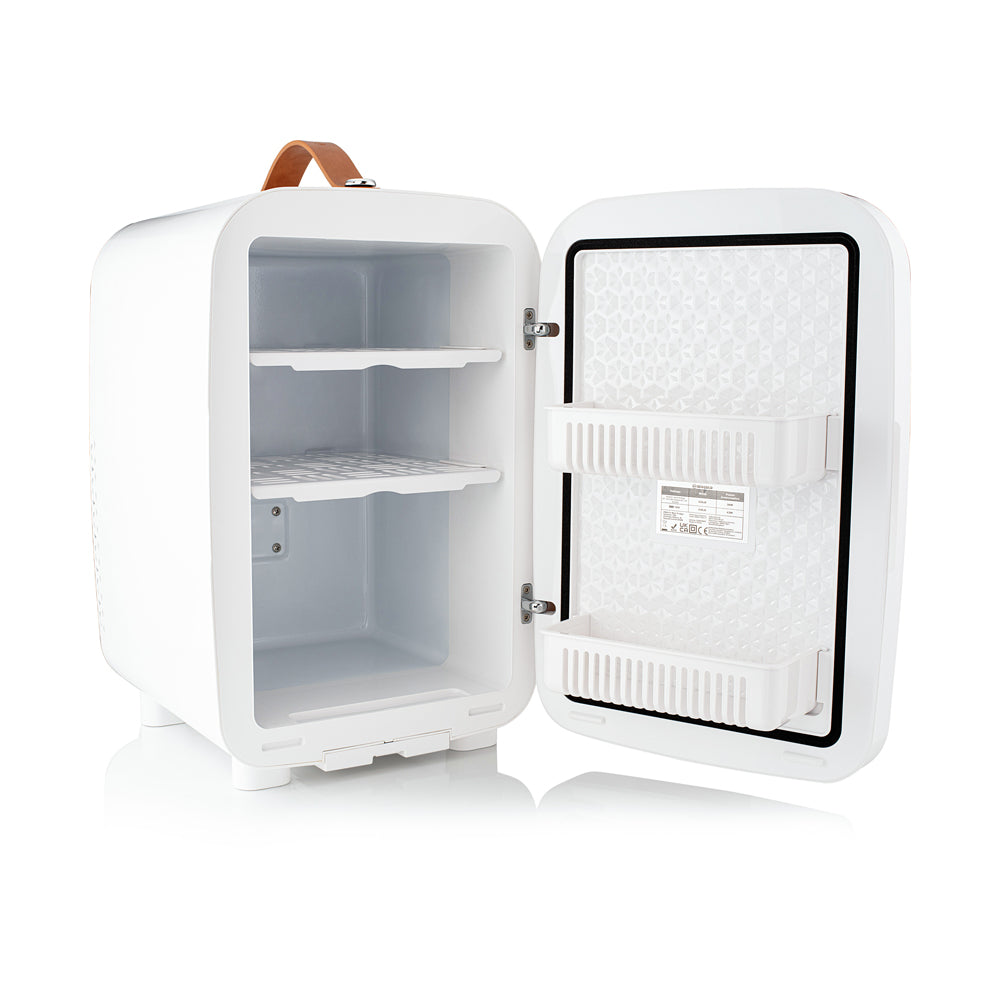 Mini fridge open door showing empty interior shelves and storage bins