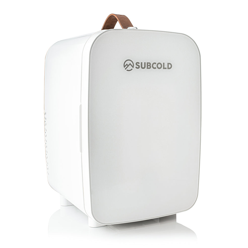 White mini fridge with front SUBCOLD logo and carry handle