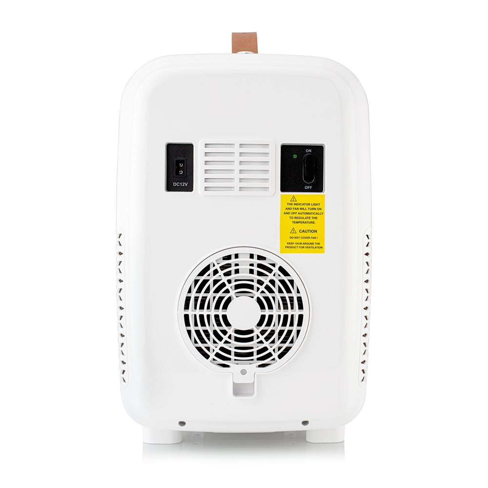 White 15L mini fridge with front fan grille and control panel, compact countertop design