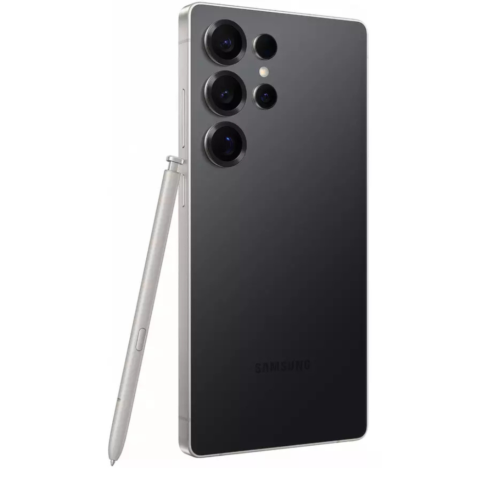 Jet black Samsung Galaxy S25 Ultra back view with quad camera and S Pen