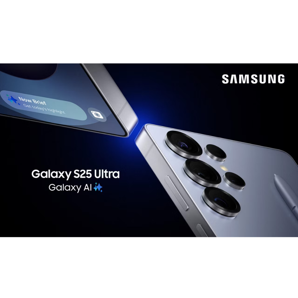 Jet black Samsung Galaxy S25 Ultra 5G smartphone back with quad camera lenses