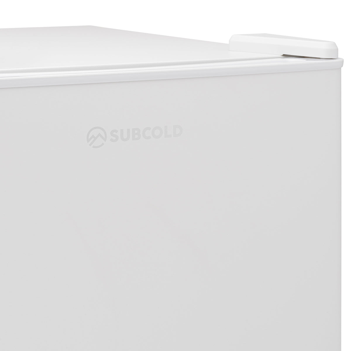 White Subcold mini fridge with hinged lid and front brand logo