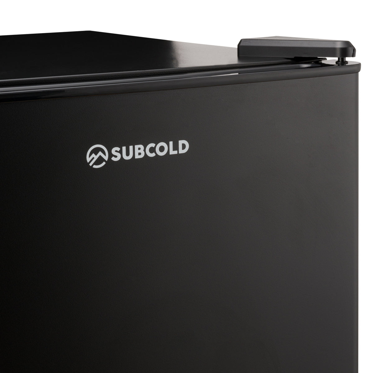 Black Subcold Aire30 LED mini fridge close-up with SUBCOLD logo and top latch