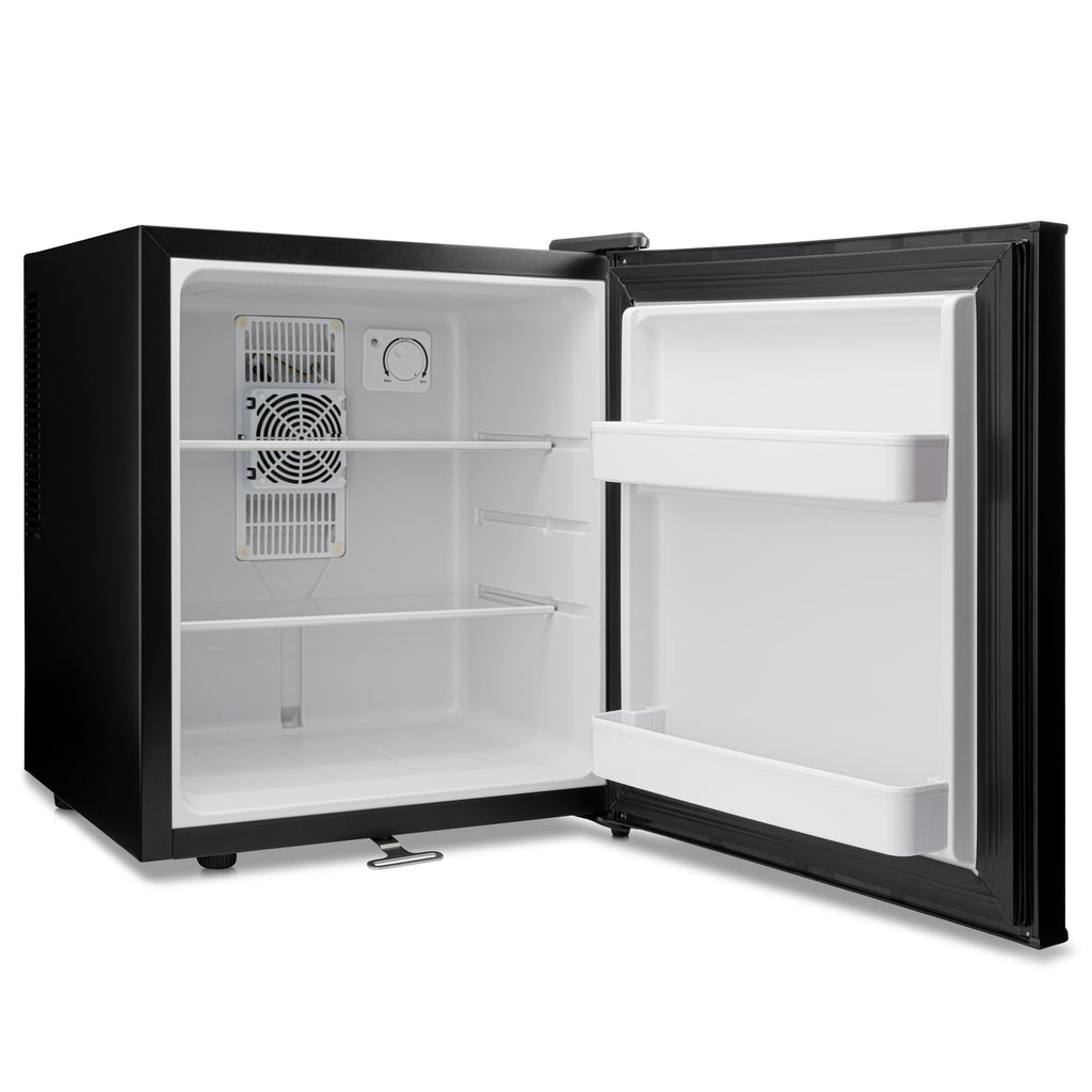 Black mini fridge open showing white interior shelves, fan vent, and door racks